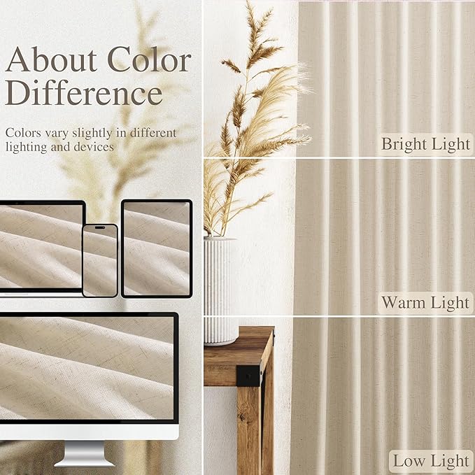Nanspring Linen Curtains 84 Inch Length 2 Panels Set for Living Room Farmhouse Decor Light Filtering Semi Sheer Curtain Back Tab and Rod Pocket Neutral Luxury Rustic Coastal Drapes for Bedroom 52x84