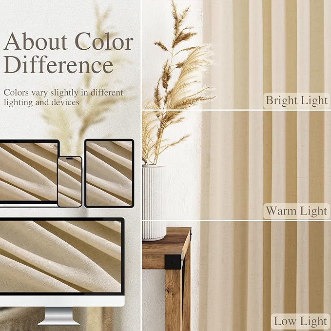 Nanspring Tan Linen Curtains 84 Inches Long for Bedroom Back Tab Light Filtering Privacy Semi Sheer Curtain Modern Farmhouse Decor Cotton Textured Drapes for Living Room 2 Panels 52x84