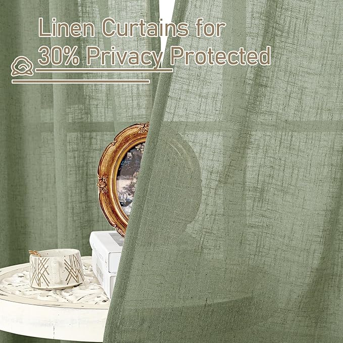 LAMIT Sheer Linen Curtains 63 Inches Long, Semi Sheer Light Filtering Panels Back Tab and Rod Pocket Small Window Drapes for Basement/Bedroom/Loft Room, Sage Green, 2 Panels, 34 x 63 Inch