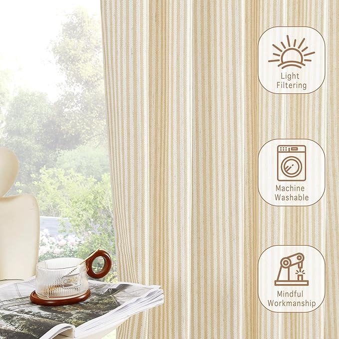 RYB HOME Kitchen Striped Curtains for Cafe Bathroom Small Window, Linen Pinstripe Drapes Valance 36 inch Length for Living Room Short Tier Boho Rustic Farmhouse, Yellow, W26 x L36, 2 Panels