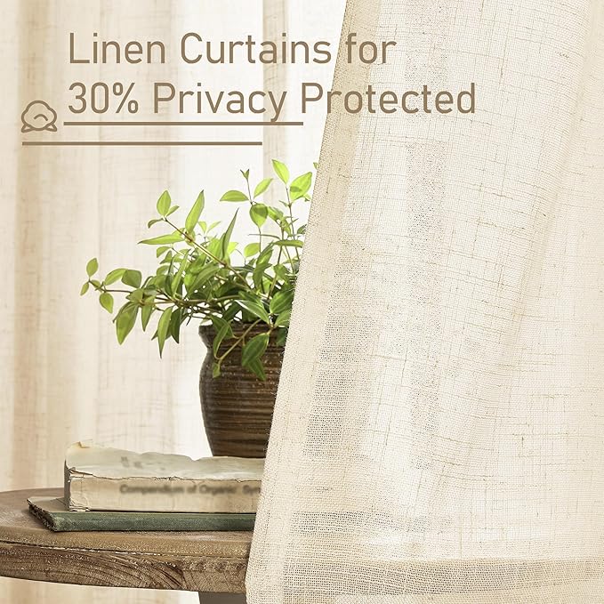LAMIT Short Window Linen Curtains 36 Inch Length 2 Panels, Beige Light Filtering Panels Back Tab and Rod Pocket Neutral Drapes for Bathroom/Loft Room, 34 x 36 Inch