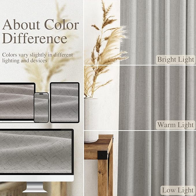 Nanspring Light Gray Linen Curtains 96 Inches Long for Living Room Light Filtering Semi Sheer Curtain Back Tab Rod Pocket Textured Luxury Grey Simple Modern Drapes for Bedroom 52x96, 2 Panels