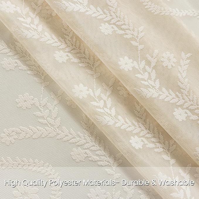 WAZZIO Boho Lace Curtains 2 Panels 84 Inches Long-Cute Vintage Victorian Sheer Panels with French Country Flower Pattern & Tassel Light Filtering Privacy for Bedroom Dining Living Room,Beige