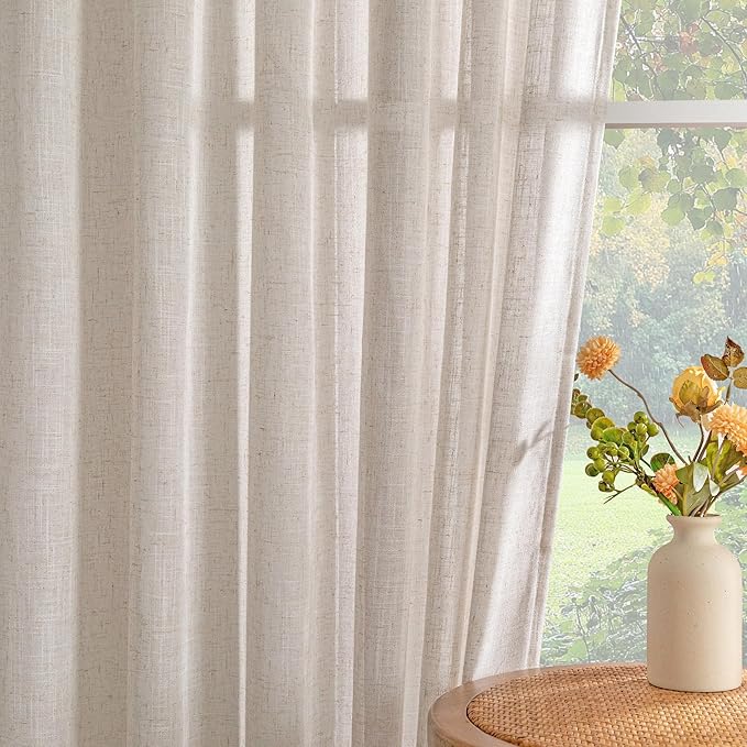 MYSKY HOME Linen French Door Curtains for Door Window 72 Inch Length 2 Panels Semi Sheer Light Filtering Curtain for Bedroom Window Glass Rod Pocket for Kitchen Dining Room, Natural Linen, 26" Wide