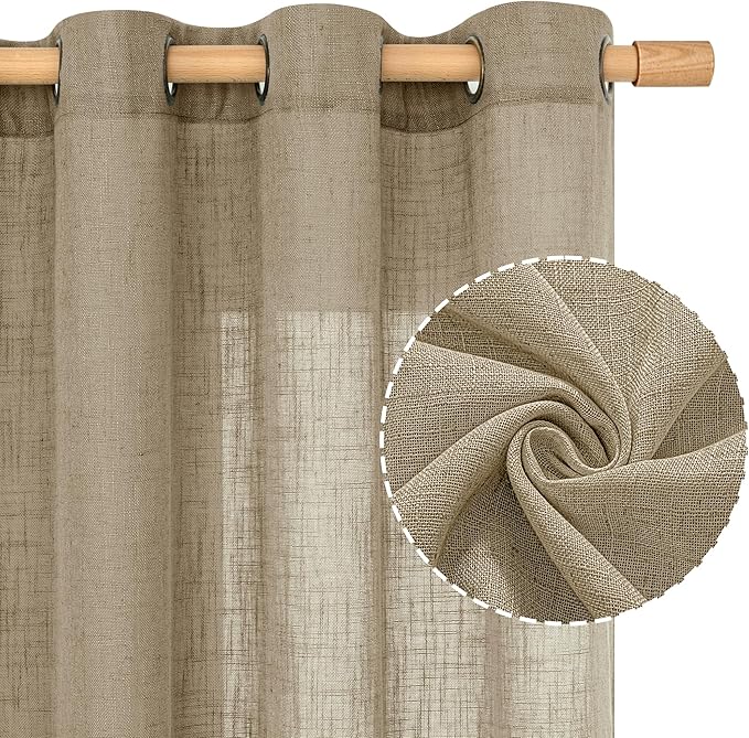 LAMIT Taupe Semi Sheer Linen Curtains 63 Inch Length, Light Filtering Panels Bronze Grommet Country Decor Drapes for Bedroom/Windows/Living Room, 2 Panels, 34 x 63 Inch