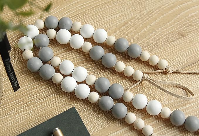 OCIOLI 4 Pieces of Wood Bead Curtain Tieback Boho Curtain Holdbacks Curtain Hooks for Wall Curtain Ties Curtain Tie Backs for Bedroom Decor Boho Nursery Decor(White, Grey, Wood Color, 4)