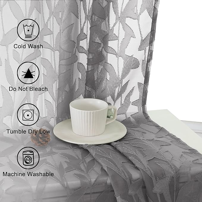 Lecloud Leia Charcoal Grey Sheer Curtains 108 Inches Long 2 Panels, Airy Jacquard Textured Voile Curtains, Gauzy Aesthetic Drapes with Dual Rod Pockets for Living Room Bedroom, Each 52" W x 108" L