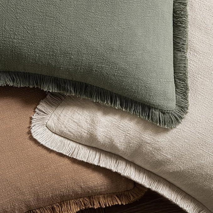 MIULEE Decorative Throw Pillow Covers Neutral Linen Fringe Throw Pillows Euro Shams Set of 2 Brown Boho Farmhouse Cushion Covers for Couch Sofa Bed Living Room Spring Home Decor 26x26 Inch