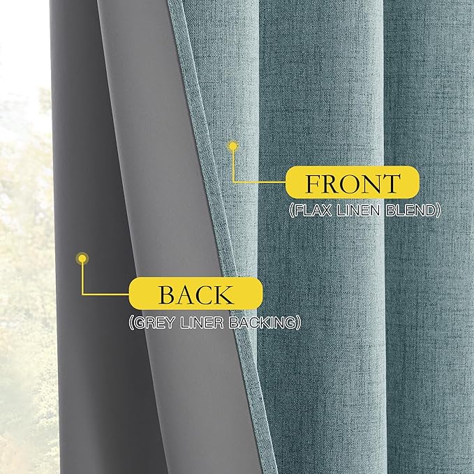 NICETOWN 100% Absolutely Blackout Linen Curtains with Thermal Insulated Liner, Skylark Blue, 62" Wide, 90" Length Energy Saving Curtains for Living Room 2 Panels Set, Vertical Blinds