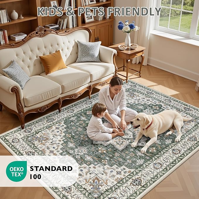 8x10 Area Rugs for Living Room: Washable Rug Soft Vintage Boho Medallion Carpet Indoor Non-Slip Stain Resistant Large Carpets for Bedroom Dining Room Farmhouse Nursery Home Office Green Ivory