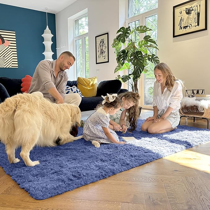 OLANLY Area Rugs for Living Room Bedroom, Machine Washable 4x5.9 ft Soft Fluffy Shaggy Bedside Rug, Indoor Floor Carpet for Kids Girls and Boys, Dorms, Nursery Rooms, Home Decor Aesthetic, Denim Blue