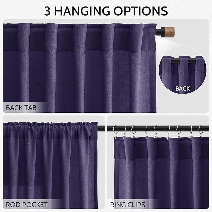 Purple Linen Curtains 90 Inch Long 2 Panels Set for Bedroom Living Room, Soft Linen Textured Window Drapes Semi Sheer Light Filtering Rod Pocket Back Tab Morden Style 52x90