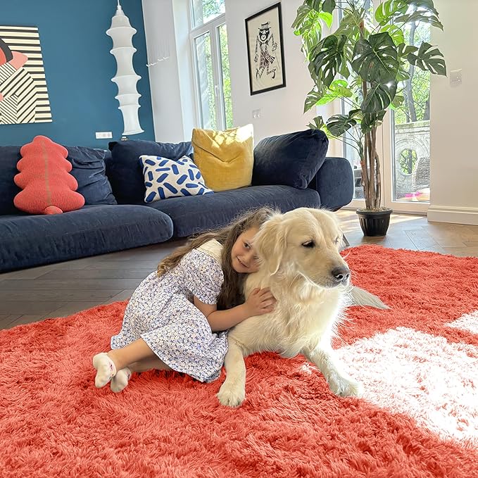 OLANLY Area Rugs for Living Room Bedroom, Machine Washable 4x5.9 ft Soft Fluffy Shaggy Bedside Rug, Indoor Floor Carpet for Kids Girls and Boys, Dorms, Nursery Rooms, Home Decor Aesthetic, Coral Red