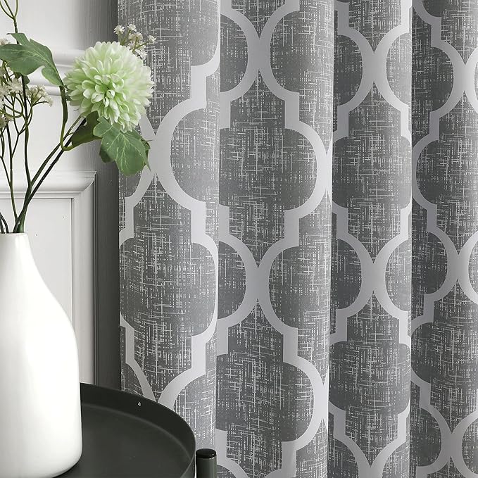 Beauoop 100% Blackout Curtains 108 Inches Long 2 Panels for Bedroom Living Room Grey Moroccan Geo Room Darkening Thermal Insulated Soundproof Grommet Top Window Treatments Drapes, 50x108 Set of 2