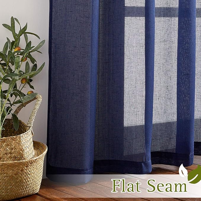NICETOWN Living Room Curtains 63 inch Length, Grommet Semi Sheer Linen Curtains & Drapes Privacy with Light Filtering for Farmhouse/Bedroom, W36 x L63, Dark Blue, 2 Panels