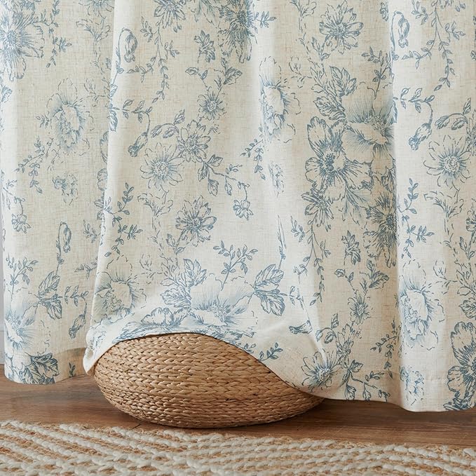 jinchan Linen Floral Curtains 84 Inch Length for Living Room Bedroom Light Filtering Farmhouse Peony Flower Drapes Rustic Window Curtain Set Rod Pocket Back Tab 2 Panels Blue