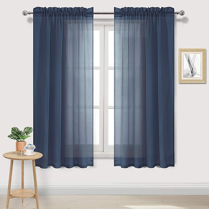 DWCN Navy Blue Sheer Curtains Semi Transparent Voile Rod Pocket Curtains for Bedroom and Living Room, 52 x 72 inches Long, Set of 2 Panels