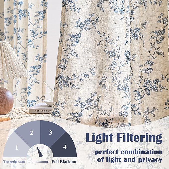Lazzzy Farmhouse Linen Curtains Blue Floral Curtains 96 Inch Long Back Tab Drapes for Living Room Bedroom Light Filtering Country Vintage Rod Pocket Curtain, 2 Panels, Blue on Beige