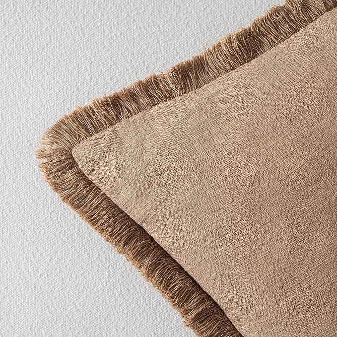 MIULEE Decorative Throw Pillow Covers Neutral Linen Fringe Throw Pillows Set of 2 Brown Boho Farmhouse Cushion Covers with Tassels for Couch Sofa Bed Living Room Spring Home Decor 20x20 Inch