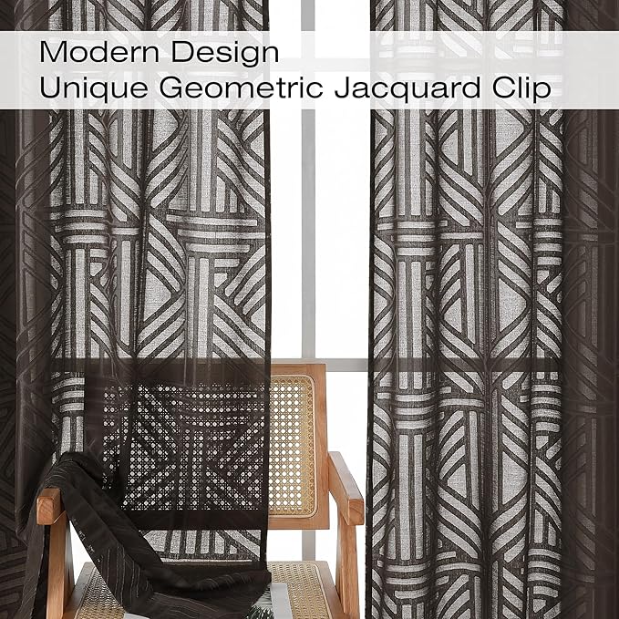 Simplebrand Chocolate Semi Sheer Curtains 54 Inch Length 2 Panels, Geometric Jacquard Clip Textured Short Sheer Curtains for Bedroom，Modern Elegant Window Curtains Drapes/Treatment Sheer，42x54 inch