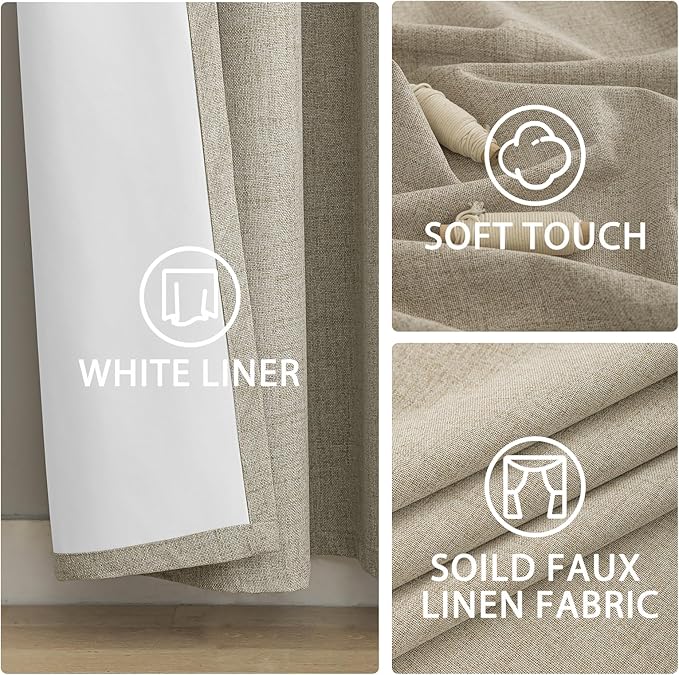 Yakamok Natural Linen Curtains 100% Blackout 84 Inches Long,Room Darkening Textured Curtains for Living Room Thermal Grommet Bedroom Curtains 2 Panels with Greyish White Liner