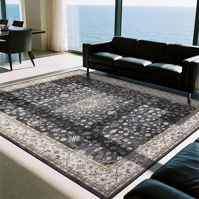 Washable Rugs 8x10 Area Rugs for Living Room,Rugs for Bedroom,Large Carpets,Ultra Soft Faux Wool Retro Dining Room Rug,Non Slip&Non-Shedding Low Pile Vintage Print Rug for Home Office-Black