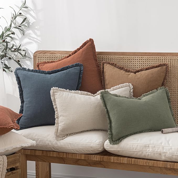 MIULEE Decorative Throw Pillow Covers Neutral Linen Fringe Throw Pillows Euro Shams Set of 2 Brown Boho Farmhouse Cushion Covers for Couch Sofa Bed Living Room Spring Home Decor 24x24 Inch