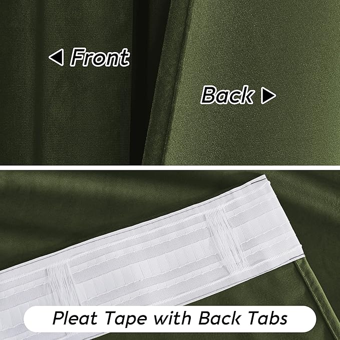 RYB HOME Green Velvet Curtains 96 inch, Solid Room Darkening Window Curtains for Living Room Light & Draft Block Privacy Backdrop with Pleat Tape Pocket& Tabs, Olive Green, W52 x L96 inch, 2 Panels