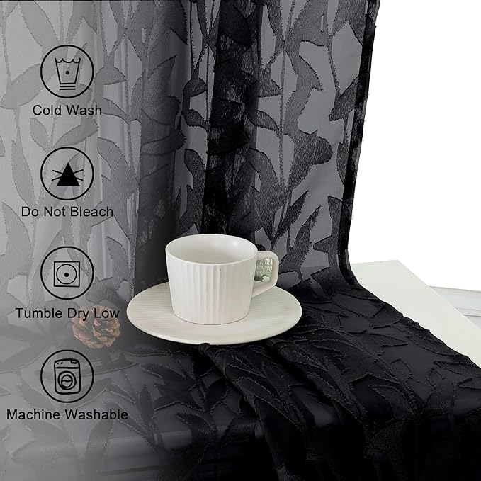 Lecloud Leia Black Sheer Curtains for Living Room 78 Inches Long 2 Panels Set, Jacquard Leaf Textured Light Filtering Bedroom Curtains, Rod Pockets Home Decor Drapes, Each Panel 42" W x 78" L