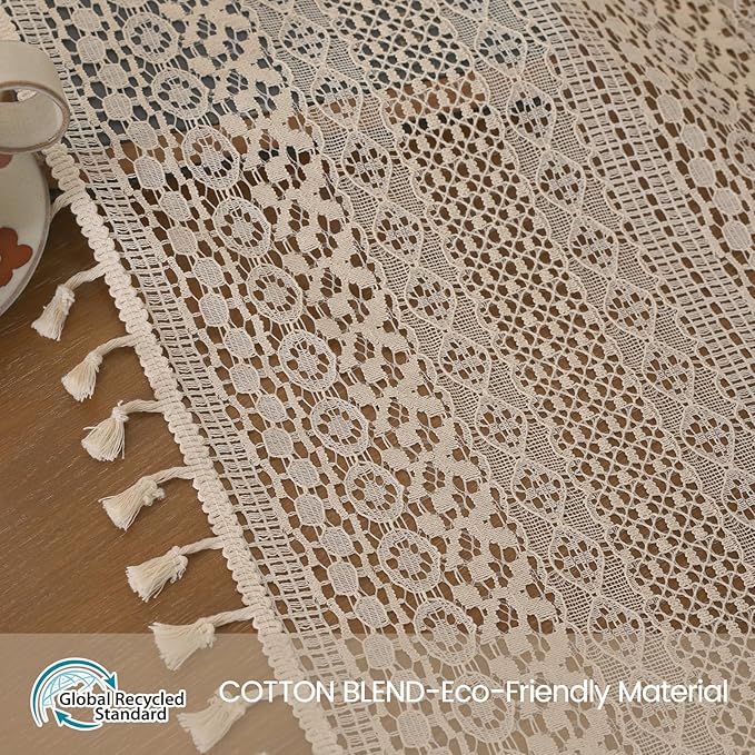WAZZIO Boho Lace Curtains 72 Inches 2 Panel,Light Filtering Privacy Tassel & Geometry Crochet Semi Sheer Curtain Drapes for Bedroom Living Dining Room,Rod Pocket & Tassel,Vintage French Country,Beige