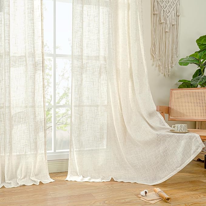 LAMIT Semi Sheer Linen Window Curtains 63 Inch Length, Light Filtering Neutral Curtain Panels Farmhouse Back Tab and Rod Pocket Drapes for Bedroom, Cream Ivory, 2 Panels, 52 x 63 Inch