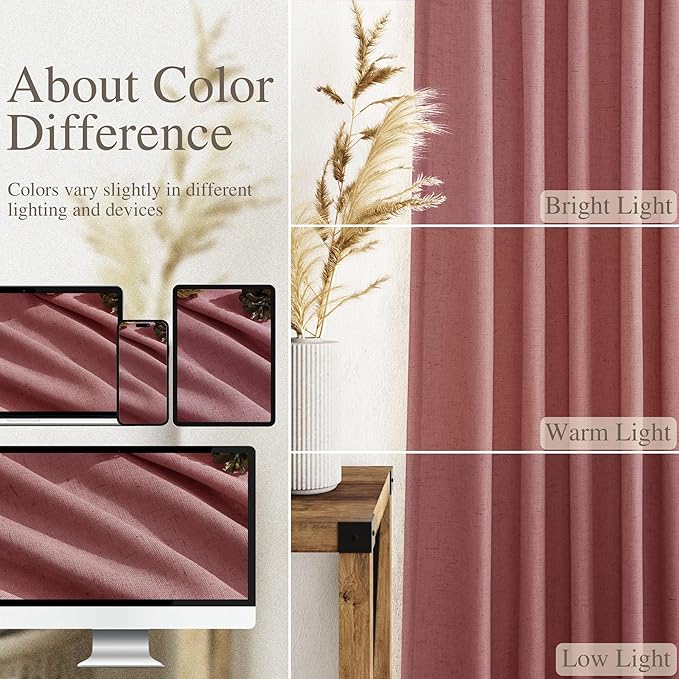Canyon Rose Linen Curtains 84 Inch Length 2 Panels Set for Living Room Rod Pocket Back Tab Light Filtering Window Drapes for Bedroom Dining Room Protect Privacy Country Farmhouse Decor 52x84