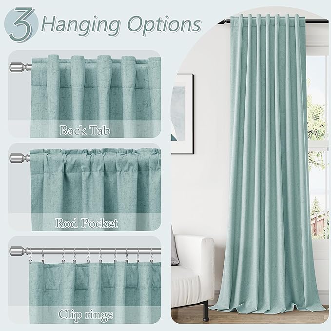 Guken 100% Blackout Linen Curtains 63 Inch Length 2 Panels Set for Living Room Bedroom Back Tab Thermal Insulated Black Out Linen Drapes Room Darkening Window Curtains,Light Blue