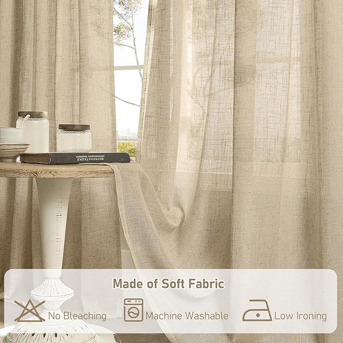 LAMIT Brown Linen Window Curtains 30 Inches Long 2 Panels, Semi Sheer Light Filtering Panels Back Tab and Rod Pocket Neutral Drapes for Basement/Small Windows, 34 x 30 Inch