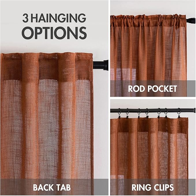 MIULEE Burnt Orange Linen Curtains 108 Inches Long for Living Room, Soft Thick Linen Textured Window Drapes Terracotta Rust Boho Fall Decor Semi Sheer Light Filtering Rod Pocket Back Tab, 2 Panels