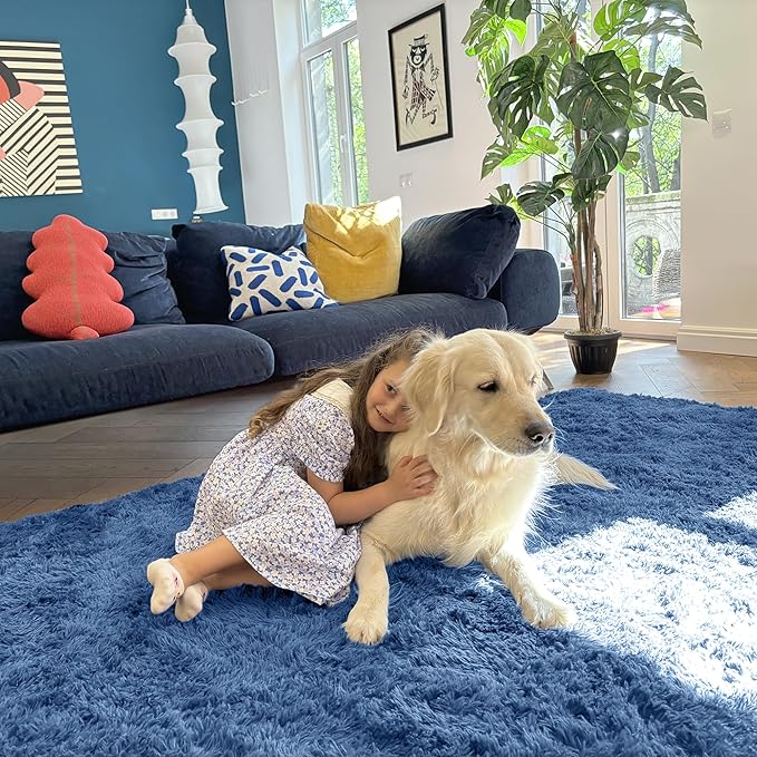 OLANLY Area Rugs for Living Room Bedroom, Machine Washable 4x5.9 ft Soft Fluffy Shaggy Bedside Rug, Indoor Floor Carpet for Kids Girls and Boys, Dorms, Nursery Rooms, Home Decor Aesthetic, Blue