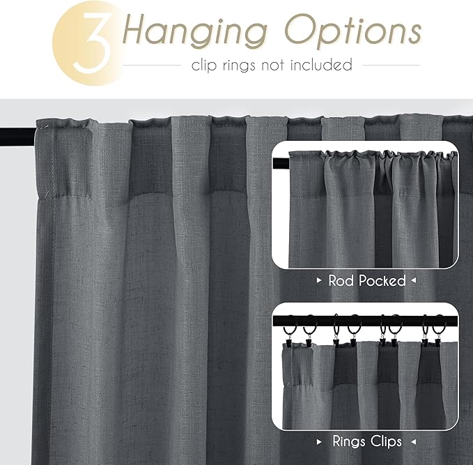 Dark Gray Curtains for Living Room Back Tab Modern Farmhouse Semi Sheer Gray Curtains 108 inches Long 2 Panels Set Muted Neutral Window Curtain for Dining Room Bedroom 52x108