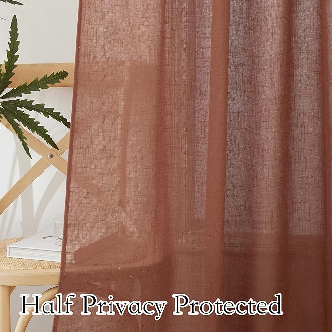 RYB HOME Faux Linen Curtains 102 inches Long, Elegant Textured Sheer Drapes Boho Window Decor for Balcony Living Room Dining Room, 52 Wide x 102 inches Long, Terracotta, 2 Pcs