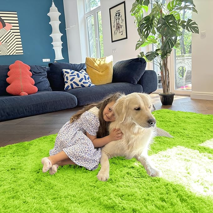 OLANLY 6x9 Machine Washable Large Area Rugs for Living Room, Bedroom, Soft Fluffy Shaggy Bedside Rug, Indoor Floor Carpet for Kids Girls and Boys, Dorms, Nursery, Home Decor Aesthetic, Lime Green