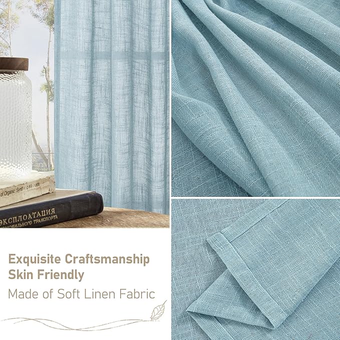 LAMIT Stone Blue Linen Curtains 54 Inch Length 2 Panels, Light Filtering Panels Back Tab and Rod Pocket Country Decor Drapes for Bathroom/Window/Bedroom, 52 x 54 Inch
