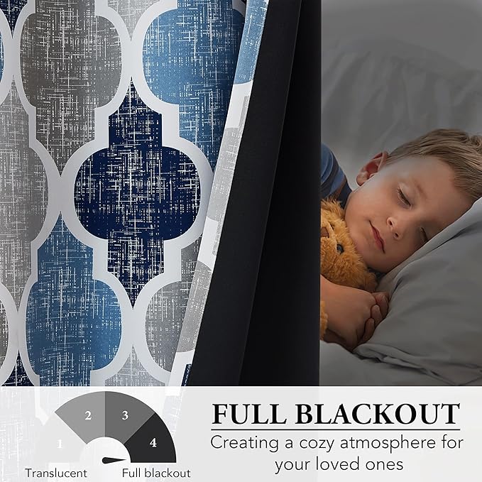 Beauoop 100% Blackout Curtains 96 Inches Long 2 Panels for Bedroom Living Room Blue Grey Moroccan Geo Room Darkening Thermal Insulated Soundproof Rod Pocket Back Tab Window Treatments Drapes, 50x96