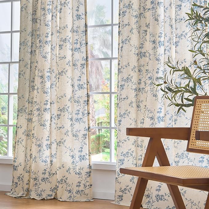 Lazzzy Farmhouse Linen Curtains Blue Floral Curtains 96 Inch Long Back Tab Drapes for Living Room Bedroom Light Filtering Country Vintage Rod Pocket Curtain, 2 Panels, Blue on Beige