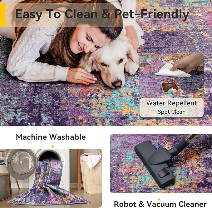 Washable Area Rugs 6ft Non-Slip Modern Abstract Soft for Living Room Entryway Bedroom Nursery, Print Pattern, Purple Orange Blue Green Rust Red Colorful