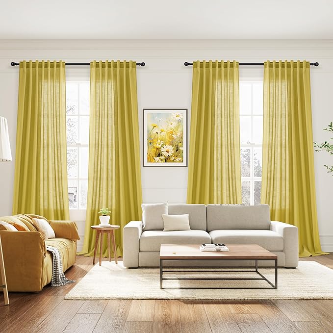 Nanspring Celery Yellow Linen Curtains 90 Inches Long 2 Panel Set Back Tab Rod Pocket Light Weight Semi Sheer Neutral Farmhouse Decor for Living Room and Bedroom 52x90