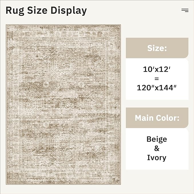 Area Rug 10x12 Vintage Washable Living Room Large Carpet Non Slip Bedroom Indoor Office Dining Room Low Pile Thin Rug Brown