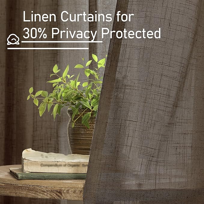 LAMIT Brown Linen Curtains 63 Inch Length for Bedroom, Chocolate Semi Sheer Window Drapes Light Filtering Bronze Grommet Panels for Living Room/Farmhouse, 2 Panels, Dark Brown, 52 x 63 Inch