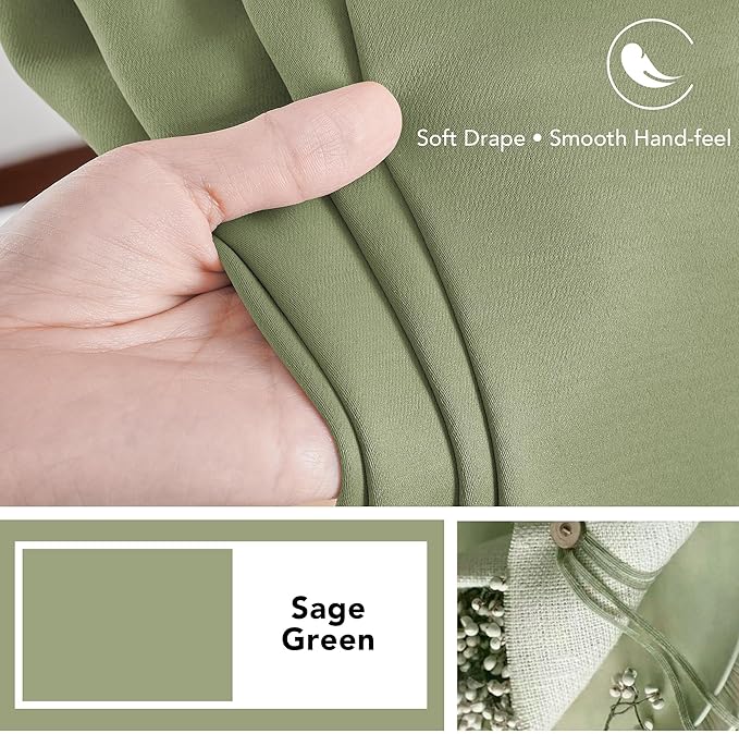 Deconovo Blackout Curtains, Thermal Insulated, W70 x L63 2 Panels, Back Tab, Machine Washable, Room-Darkening Drapes for Bedroom/Living Room Sage Green