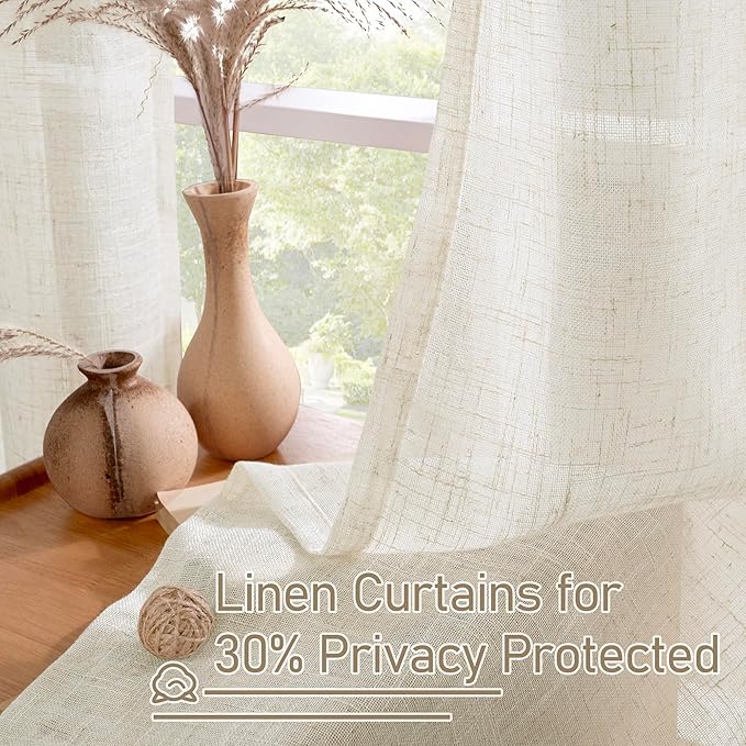 LAMIT Natural Linen Semi Sheer Curtains 63 Inch for Bedroom, Light Filtering Neutral Window Curtains Farmhouse Boho Bronze Grommet Panels, Natural Cream Ivory, 2 Panels, 38 x 63 Inch