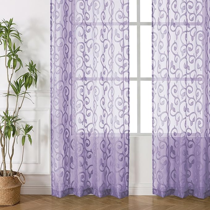 OWENIE Furman Sheer Curtains 84 inches Long for Bedroom Living Room 2 Panels Set, Light Purple Curtains Jacquard Clip Light Filtering Semi Sheer Curtain Rod Pocket Window Drapes, 2 Pcs Each 40 W 84