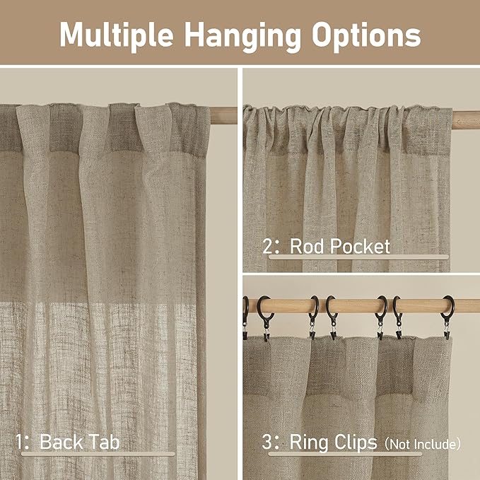 LAMIT Linen Curtains 68 Inch Length 2 Panels, Light Filtering Panels Back Tab and Rod Pocket Neutral Drapes for Bedroom/Window/Living Room, Taupe, 52 x 68 Inch